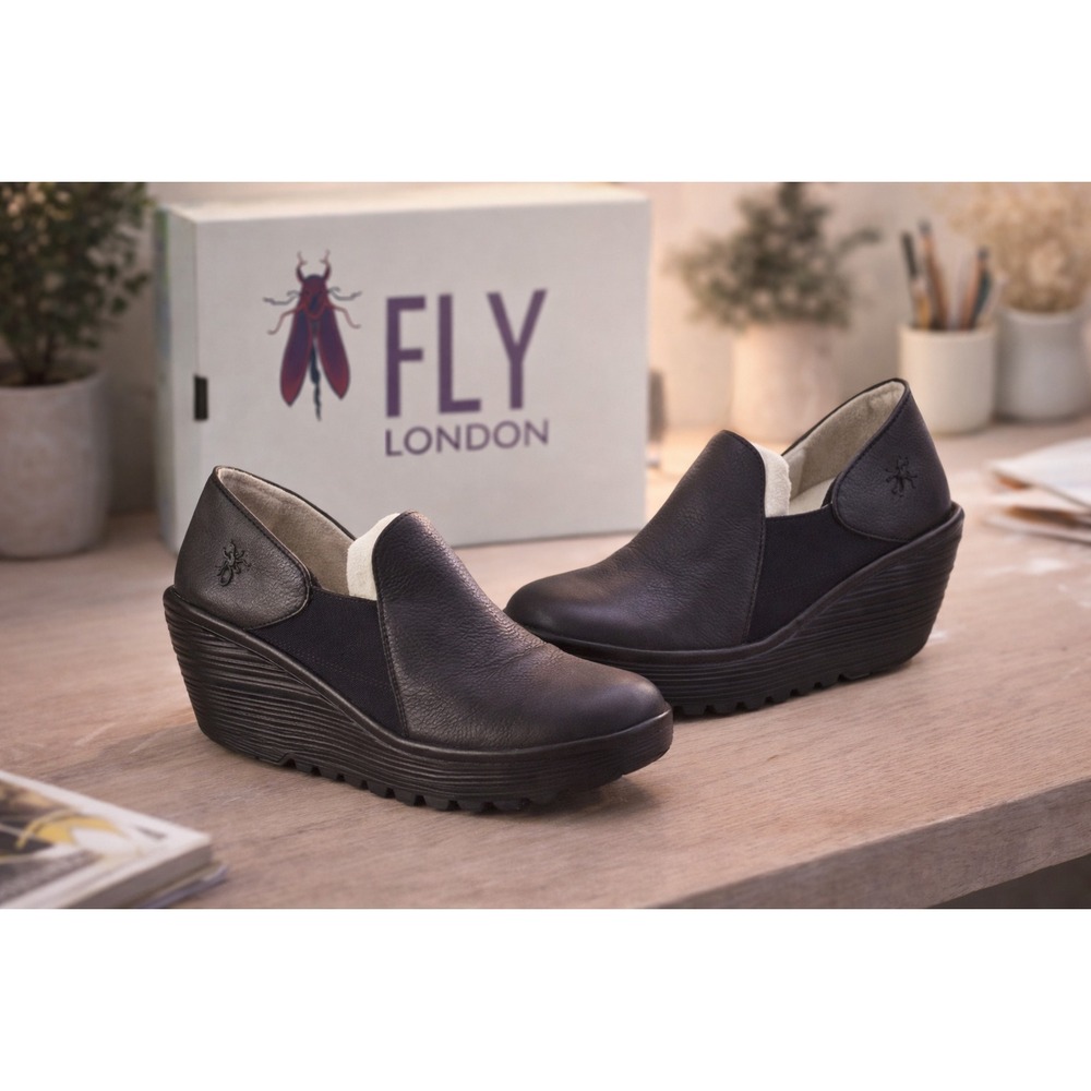 FLY LONDON Wedge Slip On Shoes Black Leather Size 38